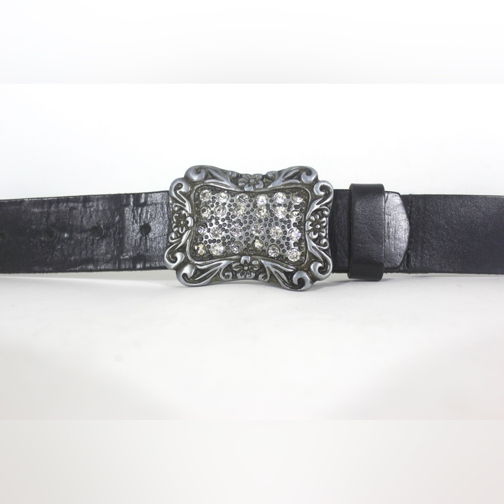 Black Leather Belt with a Rhinestone Silver Metal Buckle Sparkly Large Statement